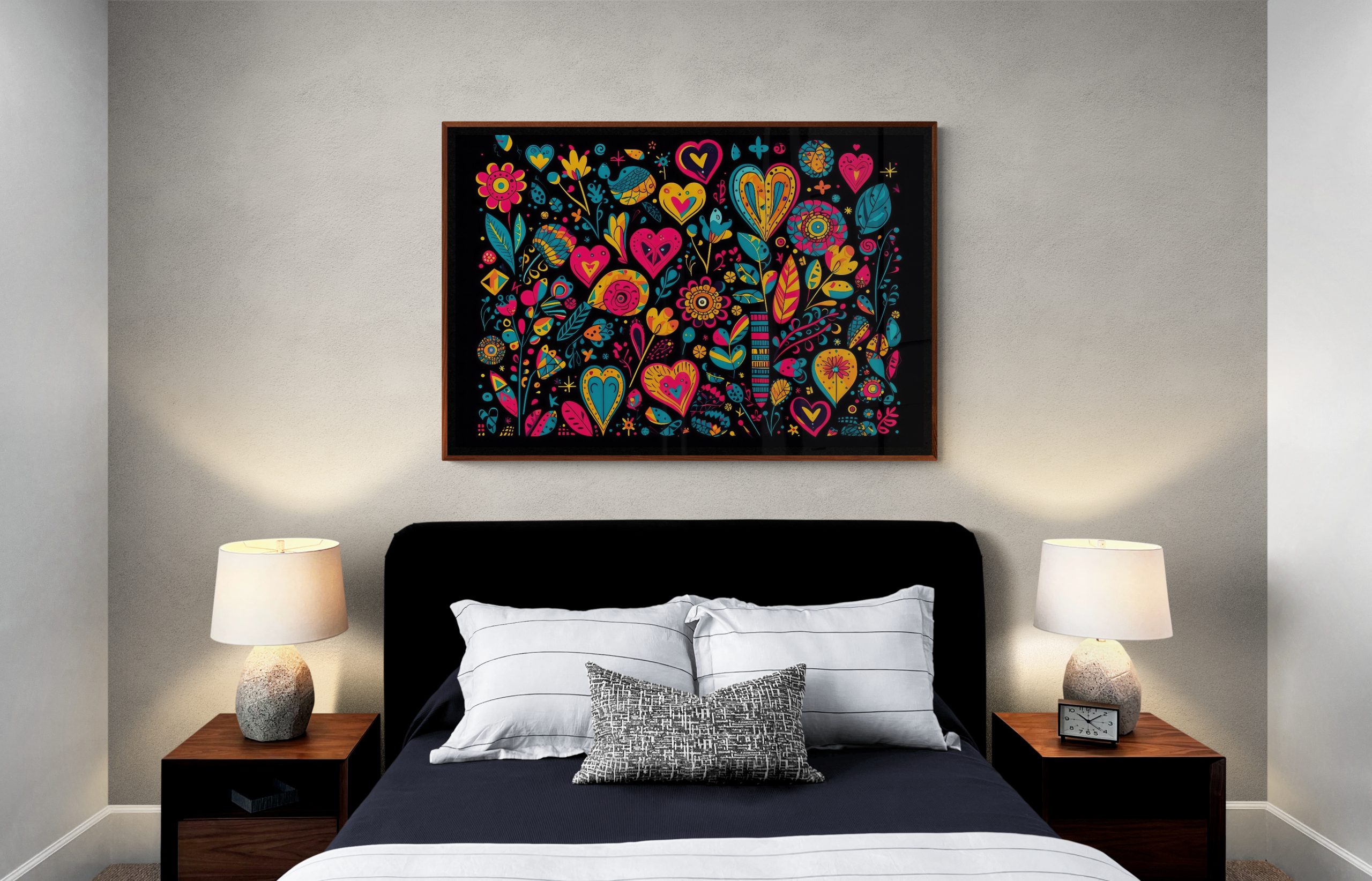 Colours and Hearts Art Print above bed.