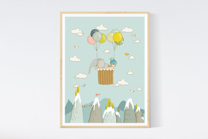 Bear and Elephant in Hot Air Balloon Nursery Illustration Art