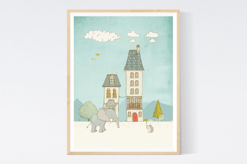 Elephant and Hedgehog in Front of their houses nursery illustration