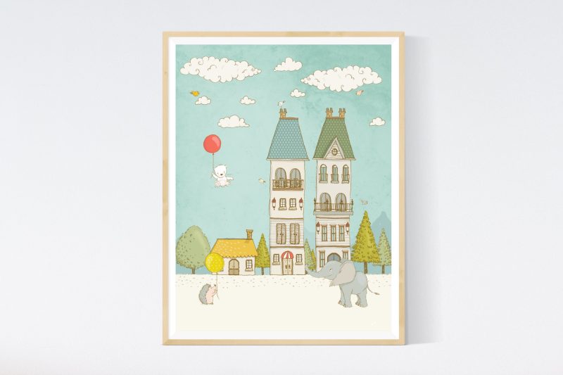 Flying Bear, Elephant and Hedgehog in the City Printable Nursery Wall Art.