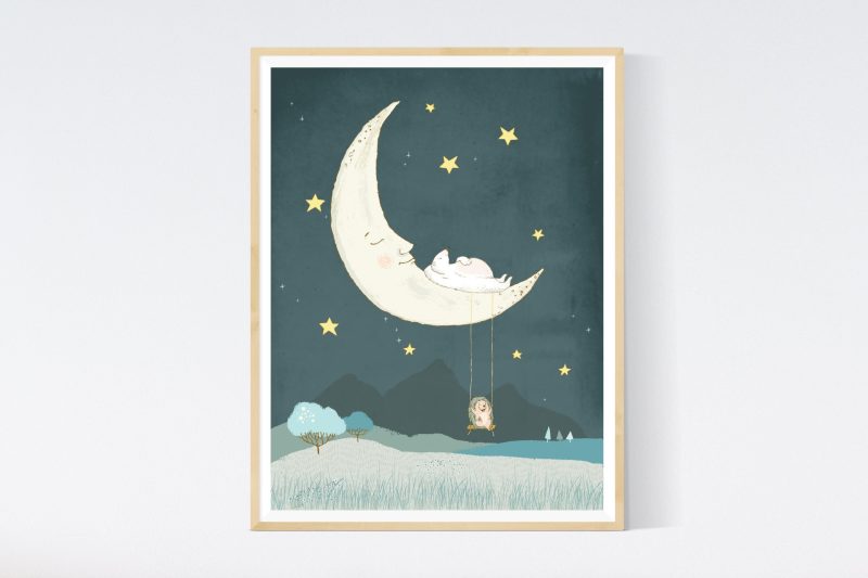 Bear Sleeping on the Moon Nursery Illustration