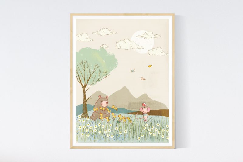 Bear with Ducklings and Mouse Nursery Art