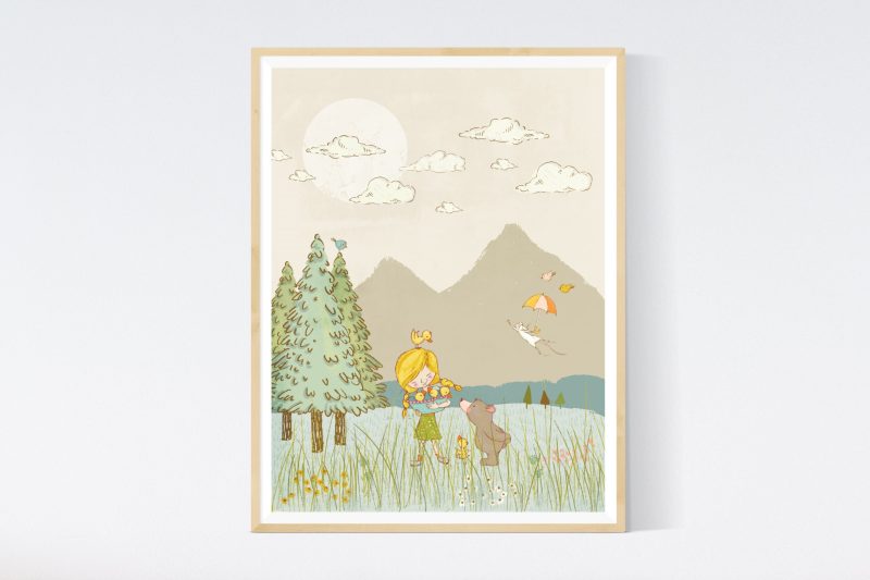 Little girl with Ducklings and Bear Nursery Illustration